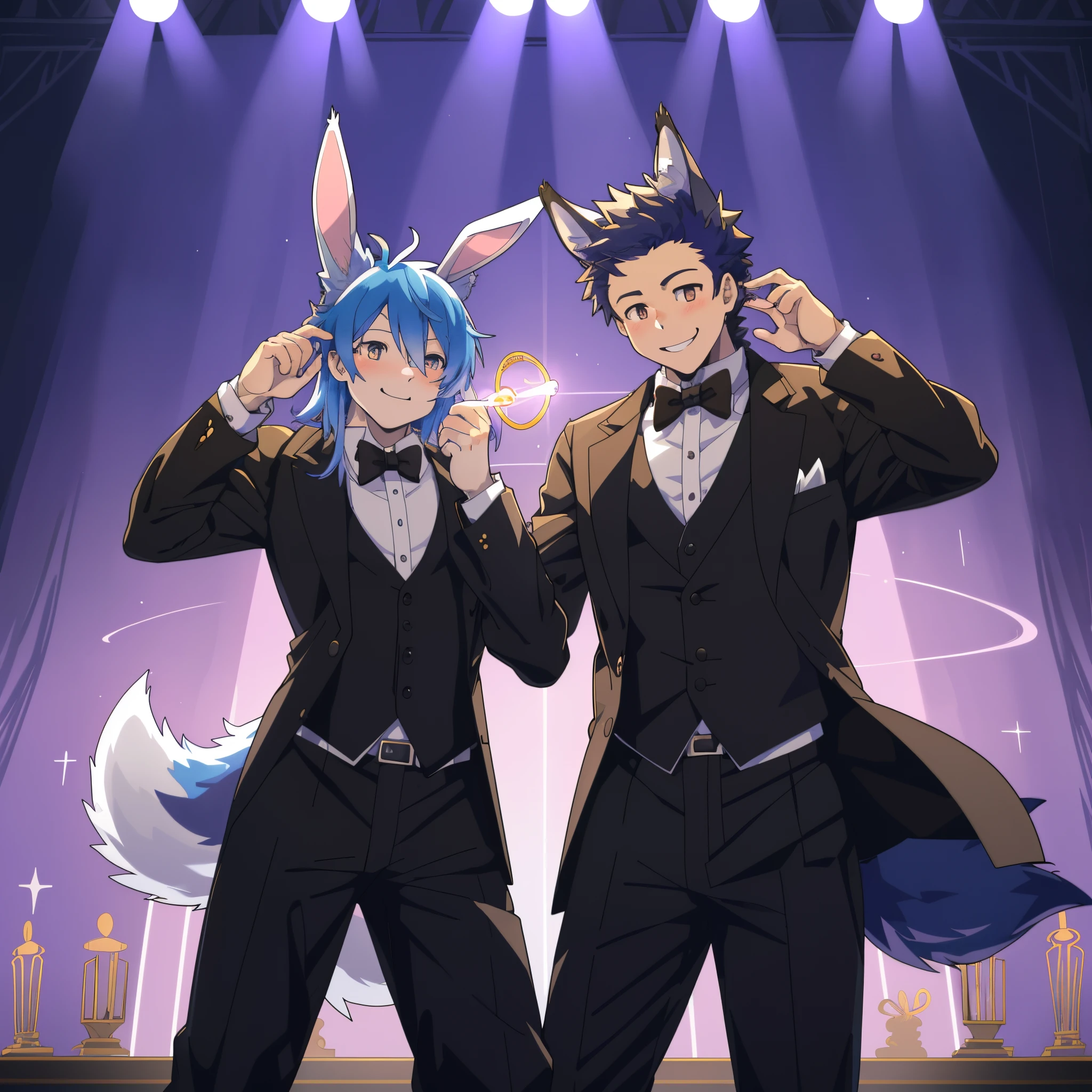 cover page, anime key visual, highres, top quality, best quality, paid reward available, High-quality illustrations, unparalleled masterpiece, perfect artwork, absurdres(magic stage)(((1girl playboy bunny)))(((kenino magician 1wolf in suit)))on stage, smile, happy, perfect anatomy, fan-created work shared on platforms Pixiv or Twitter, cinematic lighting,