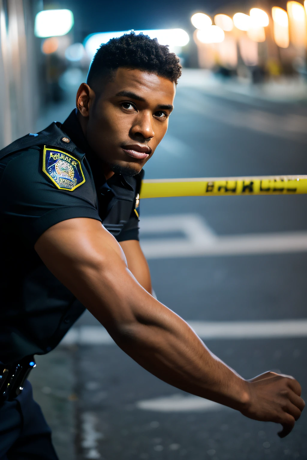 a black male police officer in their 20s pose, Wear a black shirt, High-res, masterpiece, best qualtiy, Head:1.3,((Hasselblad photograp)), Fine fine skin, Clear focus, (Cinematic lighting), during night, Gentle lighting, dynamic angle, [:(Detailed face:1.2):0.2],(((Exercise))), sport, The arm muscles are very large, big bulge