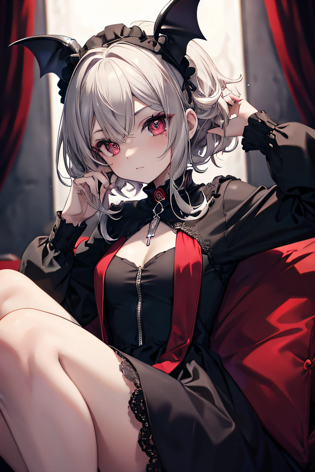 1 chica , pelo plateado , ojos rojos , vestido negro , tipo vampiro