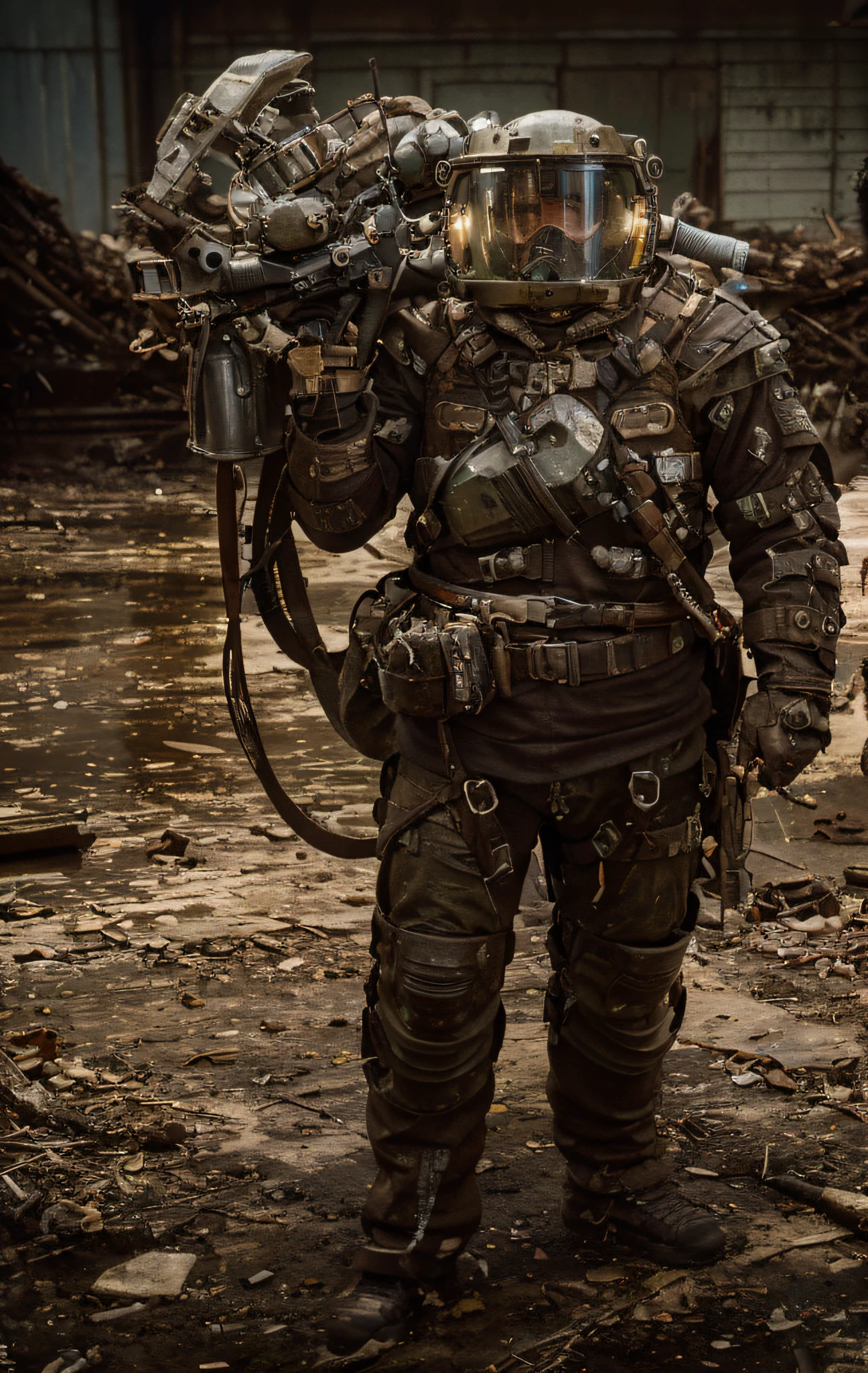 soldier, Helmet with wide glass, Inside the helmet you can see a face deformed by radiation, heavy red suit with armor and Fallout-style leather layers, harnesses and belts with ammunition, Matte brown details, Tubes and cables, Carries in a from his hands a large advanced weapon, a metal weapon, is on a tropical island contaminated with chemical waste, white sky, floor with a puddle of liquid chemicals, black smoke, ultra-realistic, 4k, Ultra detailed image, realistic, Highly detailed, perfect composition, gorgeous, Intricately detailed, incredibly detailed, Art photography 8K, hyper detailed, Masterpiece, Ultra detailed, hyper realistic, 4k, Ultra detailed image, realistic, Highly detailed, perfect composition, beautiful, intricately detailed, incredibly detailed, art photography 8k , hyper detailed, masterpiece