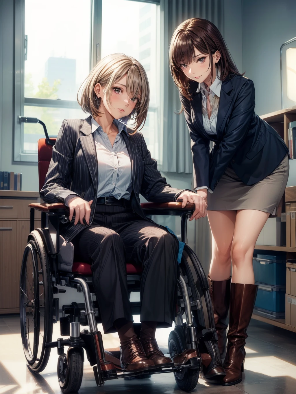 1人の女性、Best Quality, masutepiece, Beautiful mature、Beautiful face、Strong-minded woman、Being in a wheelchair、Office Suits、long boots、brown haired、Brown-eyed、Bob Hair、40 years、adult lady、Full body like、