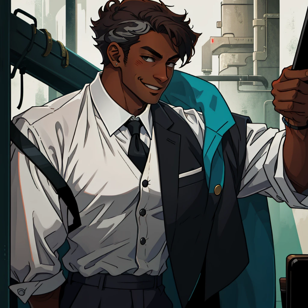 Dark skinned man with straight dark brown hair with grey streaks, mid 30's. Wears a white button up shirt with a black tie and vest. Sweet smile. Anime art style.