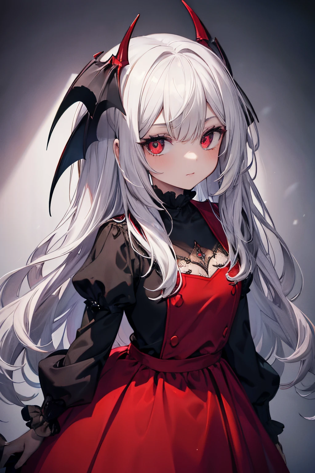 (best quality, ultra quality, ultra resolution, sharp focus, ultra detailed, Super fine illustration, gleaming skin), cute girl, cute face, sweat, {White hair}, Gothic,white pantyhose, red eyes, long hair, black sheep horns, bat wings, puffy sleeves, lace, red hair band, , wrist cuffs, looking_at_viewer, little cute face, many ornaments
