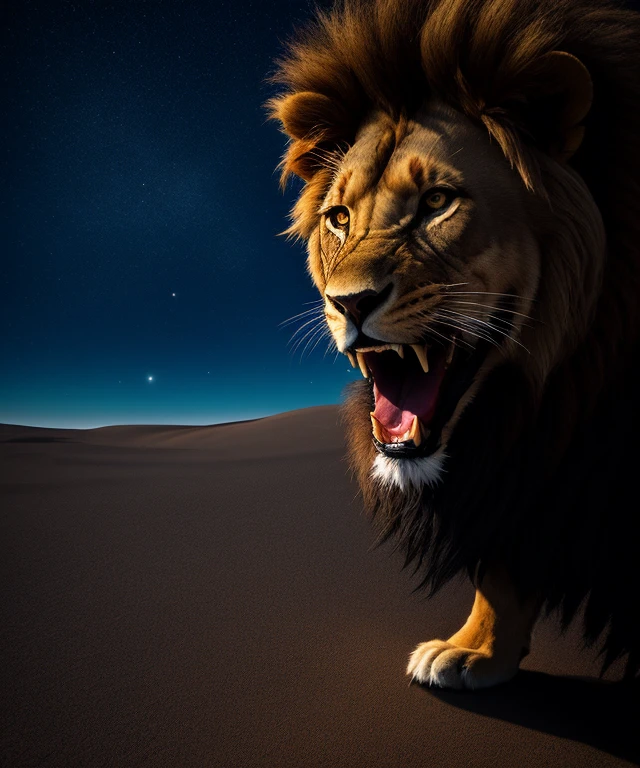 a lion roaring with its mouth open, corajoso, menacingly, Indo, epics, HDR, hiperdetalhado, cinemactic, cores suaves, BG nebuloso, corpo inteiro, andando no deserto