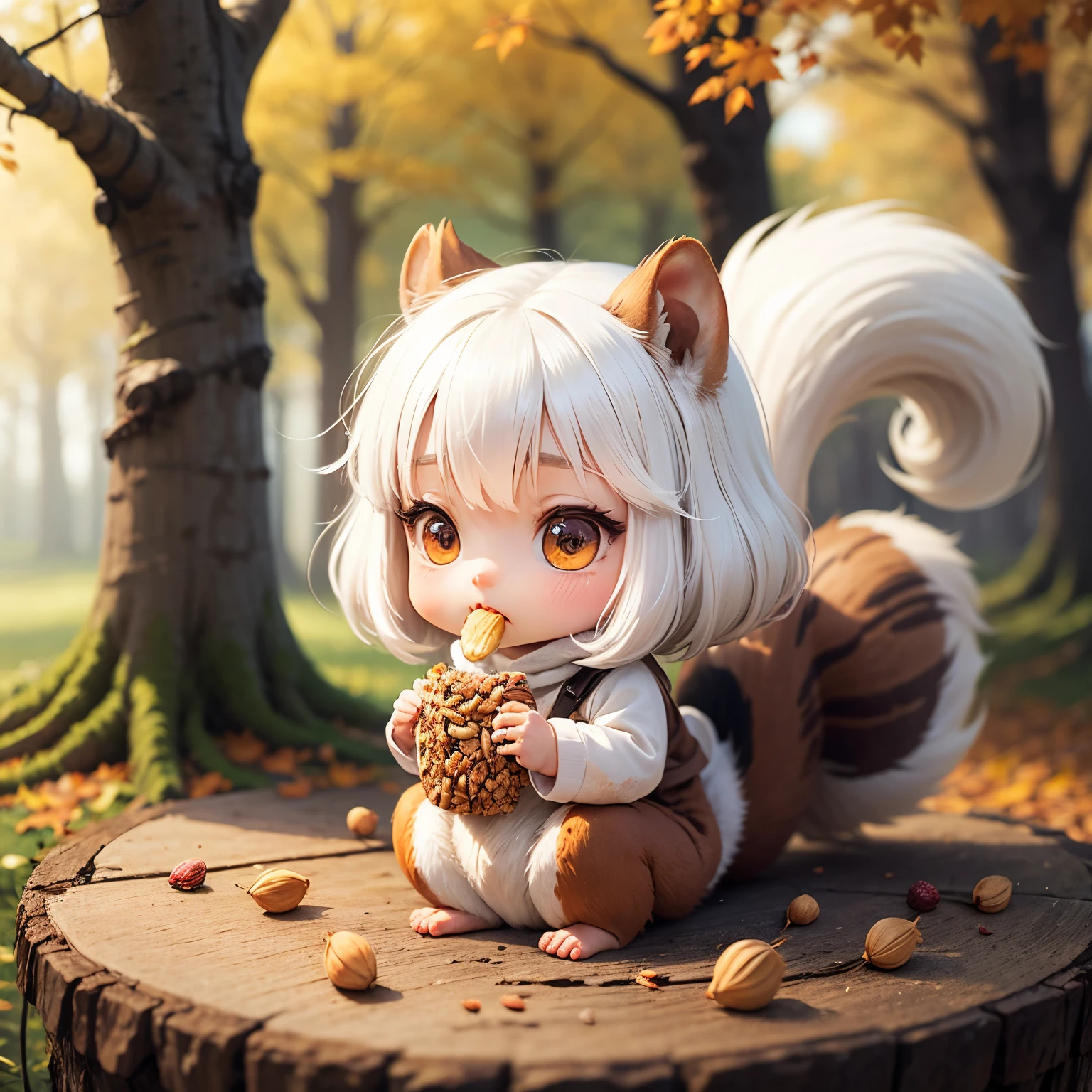 Chibi Squirrel、White hair all over the body、Eating nuts、Fairytale autumn forest、