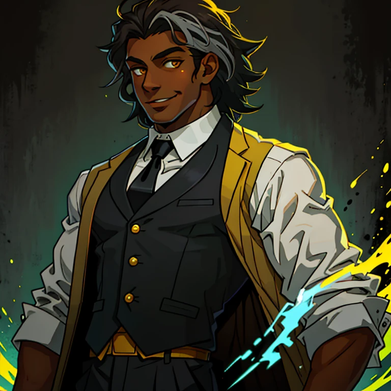 Dark skinned man with straight dark brown hair with grey streaks, mid 30's. Wears a white button up shirt with a black tie and vest. Sweet smile. Anime art style. bright yellow eyes that glow.