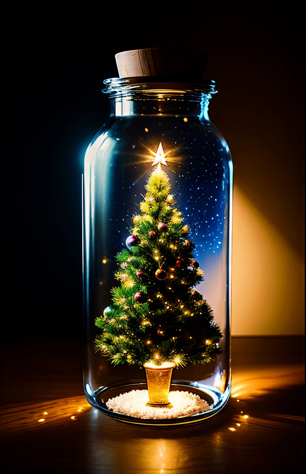 christmas tree in a jar、fluffly、realisitic、Refraction of atmospheric light、Nikon D850 Film Stock Photo by Lee Jefferies 4 Kodak Portra 400 Camera F1.6 lenses Rich colors Ultra-realistic textures Dramatic lighting Unreal Engine Cinestir 800 trending at Art Station、Style Glass