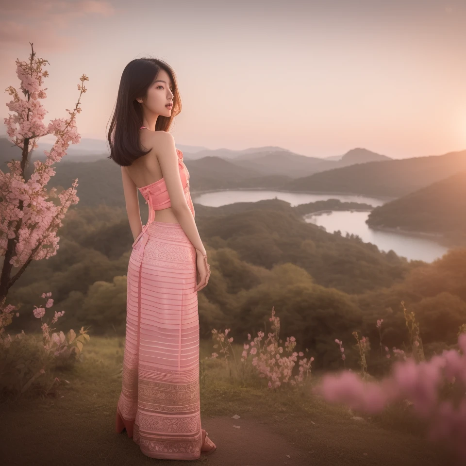 Aarav woman in a pink dress stands on a hill overlooking the valley., The girl stood on the mountain., beautiful oriental woman, in the pink forest, trend 5 0 0 px, Trend on 500px, anime thai girl, asian women, wearing beautiful clothes, beautiful asian girl, beautiful and beautiful, asian girl, beautiful asian woman