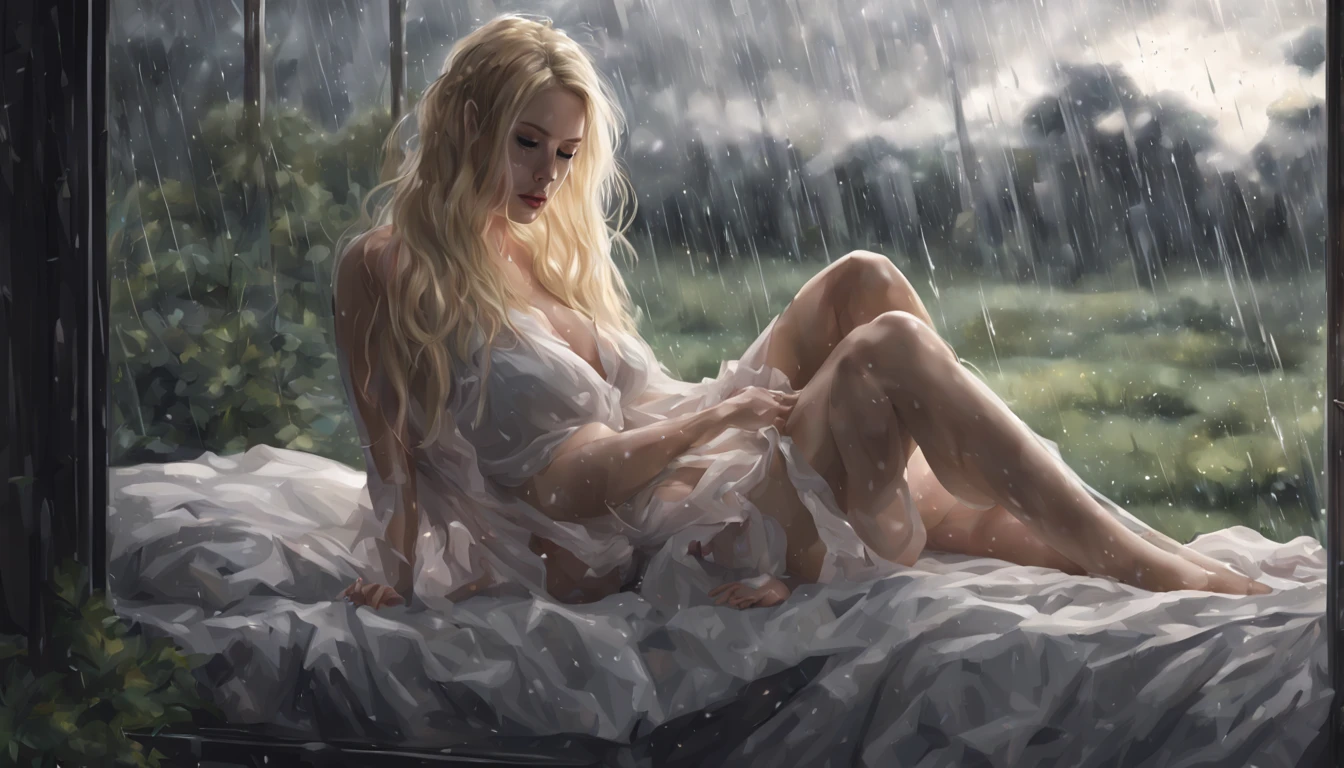 view outside, Dark interior, lying on your back in bed, sleeping girl, Undergarments, Thin duvet, long blonde hair, white skinned, large full breasts, Long leg, wide open glass door, garden in the rain