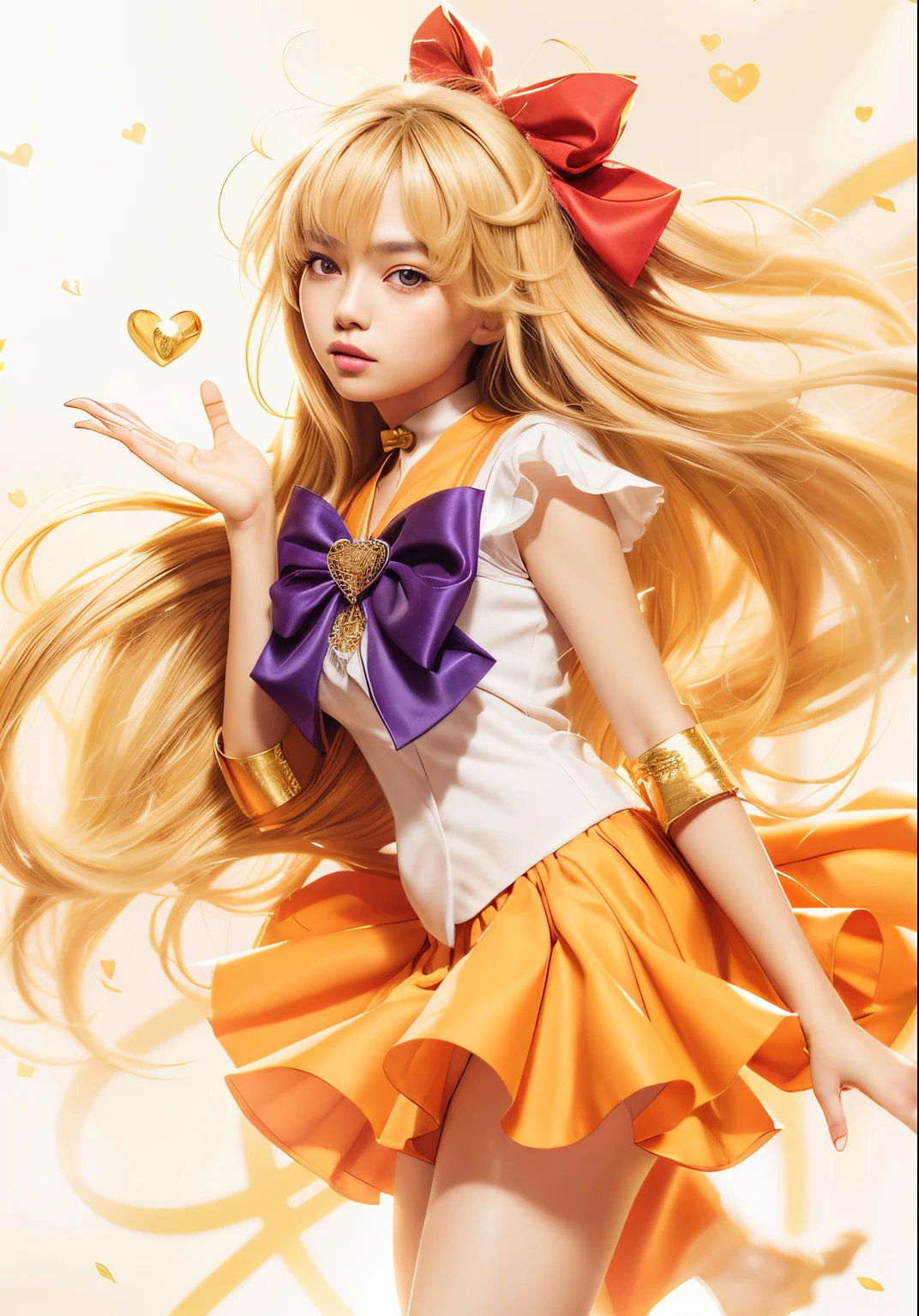 Masterpiece, high-resolution, hypereralism, slightly side view of (1girl), asian, beautiful girl, about 20 years old, delicate face, detailed face, golden tiara in front, pretty big purple eyes, perfect eyes, blinking the right eye, long eyelashes, closed lips, kind expression, long straight hair, blonde hair, messy blonde hair, bangs, big red top holding the hair behind head, right arm in the air, blowing a heart, white sailor suit, orange suit colar, purple bow in the chest, orange skirt, orange bracelets, big yellow top in the back, hearts blowing around the girl, rain of hearts background, cinematic light.