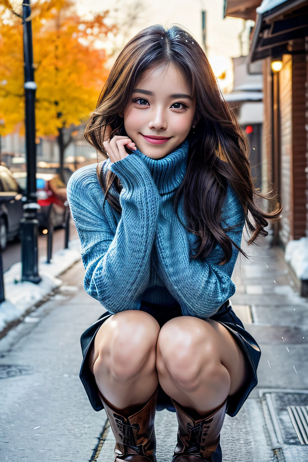A happy smile looking at this、autumn sweater、(masutepiece:1.3, Photorealsitic:1.4, 8K), top-quality, masterpiece, 超A high resolution, Perfect dynamic composition, Highly detailed skin and facial texture:1.3, A detailed eye, Detailed limbs, Winters, snowflakes falling:1.2, Snowy landscape:1.2, 1girl in, Cute sexy 18 year old slim woman, Fair skin, tilt the neck, ((A smile:0.9, Totally captivates you:0.9)), (coat:1.4, blue long sleeve turtleneck sweater:1.3, High waist mini skirt:1.1), ((tiny chest:0.9)), Short boots, (Facing the front, Squat with your knees bent), (Beautiful brown eyes, Eyes that feel beautiful eros:0.85), Sexy face:0.4, (A mouthfeel that feels beautiful eros:0.85), ((Too cute beauty:0.9))