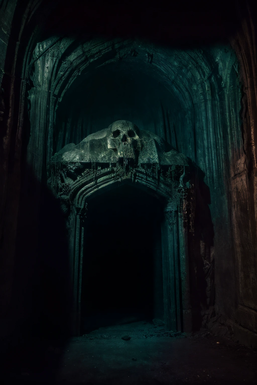 (best quality, highres:1.2),dark and eerie colors, detailed fantasy scene, giant skull at the entrance, sinister and macabre atmosphere, mysterious lighting, ancient and rugged textures, eerie echoes, hidden treasures, ominous shadows, mystical symbols, hauntingly beautiful stalactites and stalagmites