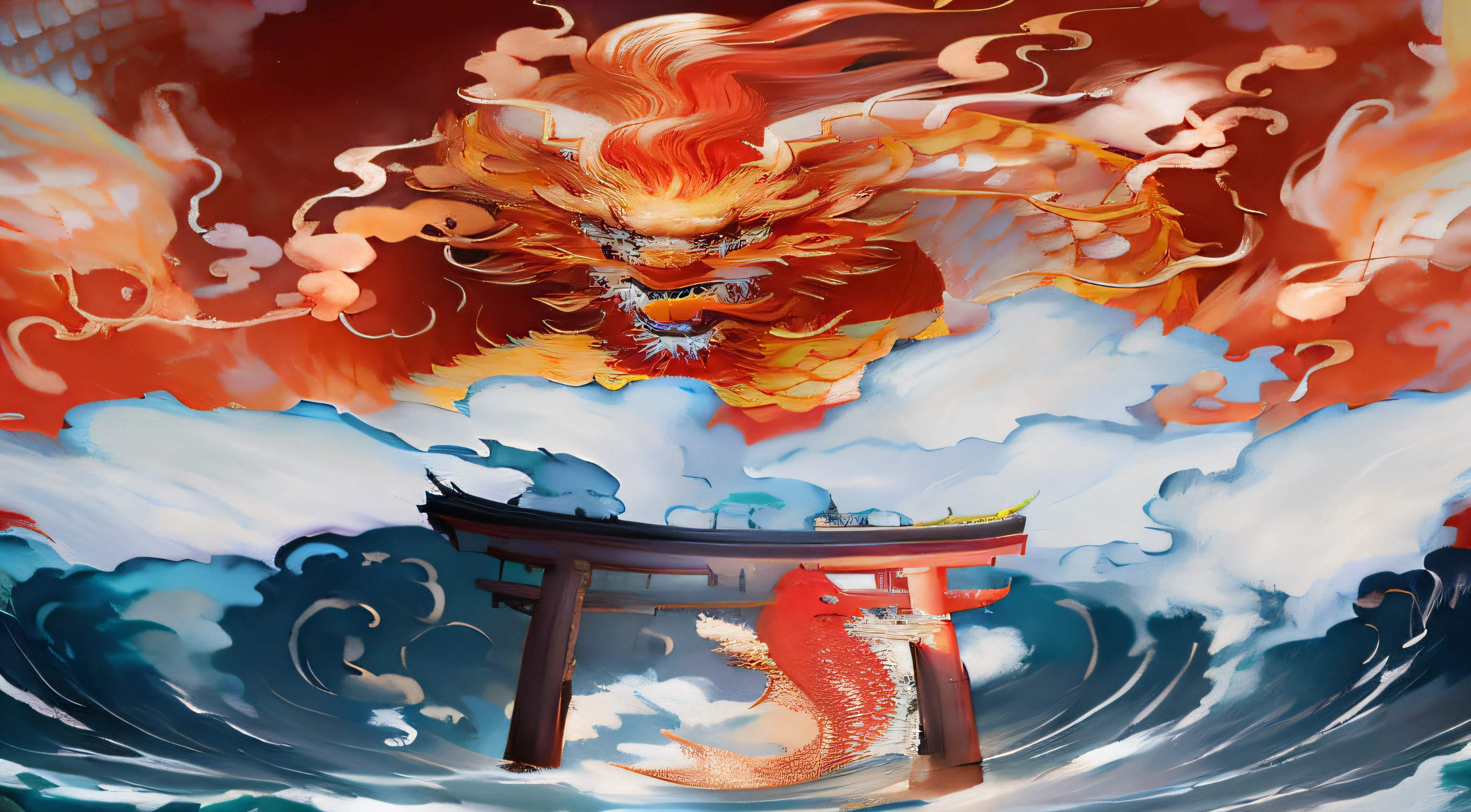 Photos of dragons and fish in the water, chinese fantasy, sea serpent, Dragon as background, cyan chinese dragon fantasy, Chinese dragon battle, colossal dragon in background, majestic japanese dragon，The fish，requirements，carp, a dragon made of clouds, dragon oil painting, Chinese mythology, chinesedragon，requirements，torii，Raging sea，​​clouds，jumping red carp