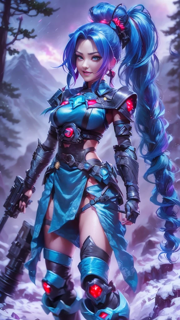 (Long-range shooting: 1.5), jinx \(league of legends\), (1girl,League of Legends Jinx),(Scarlet eyes: 1.2, crazy laughter, Blue double ponytail hair: 1.5),Kungfu,Wearing future technology mechanical armor,(Holding a particle laser cannon in hand,a revolver),Aoshu crystal, Attack status,(Snowy mountain woods,surrounded by rain,League of Legends Game World),Illustration style,The whole body is exposed to the rain for a long time,(exquisite facial features,Perfect hand features),martial arts style,(Selective focusing,full body shot of,tmasterpiece,ultra - detailed,Epic work,highest quality,8k,panorama, first-person view, atmospheric perspective, UHD, masterpiece, ccurate, anatomically correct, textured skin, high details, award winning, best quality), jinxlol, bydylankowalski, BJ_Gundam