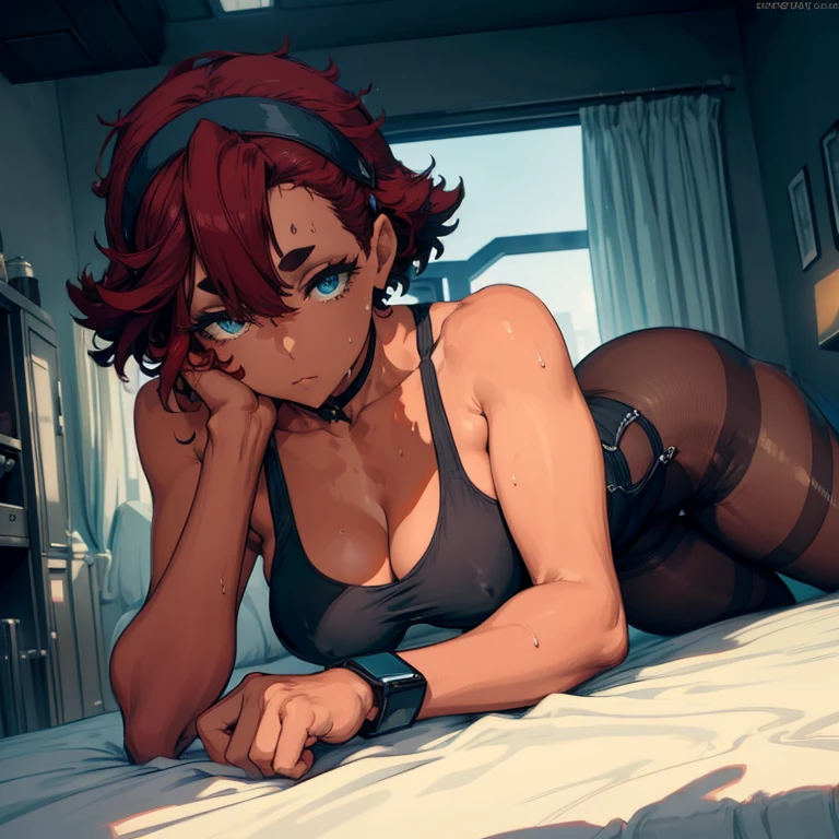(Unity 16K Wallpaper, Masterpiece, Best Quality, Ultra-Detailed, Extremely Detailed CG, Cinematic Lighting, Detailed, Beautiful Detailed Eyes, Ultra High Resolution), (Full Body Shot), (Full Legs Shot), (Erotic Suggestiveness), (Erotic Pose), NSFW, Thick, Blue Eyes, Red Hair, Fine Skin, Pantyhose, Five Fingers, Drenched in Sweat, Thick, Wet, Leaning Forward on Bed, Futuristic Background, Machines Background, Robotic Background