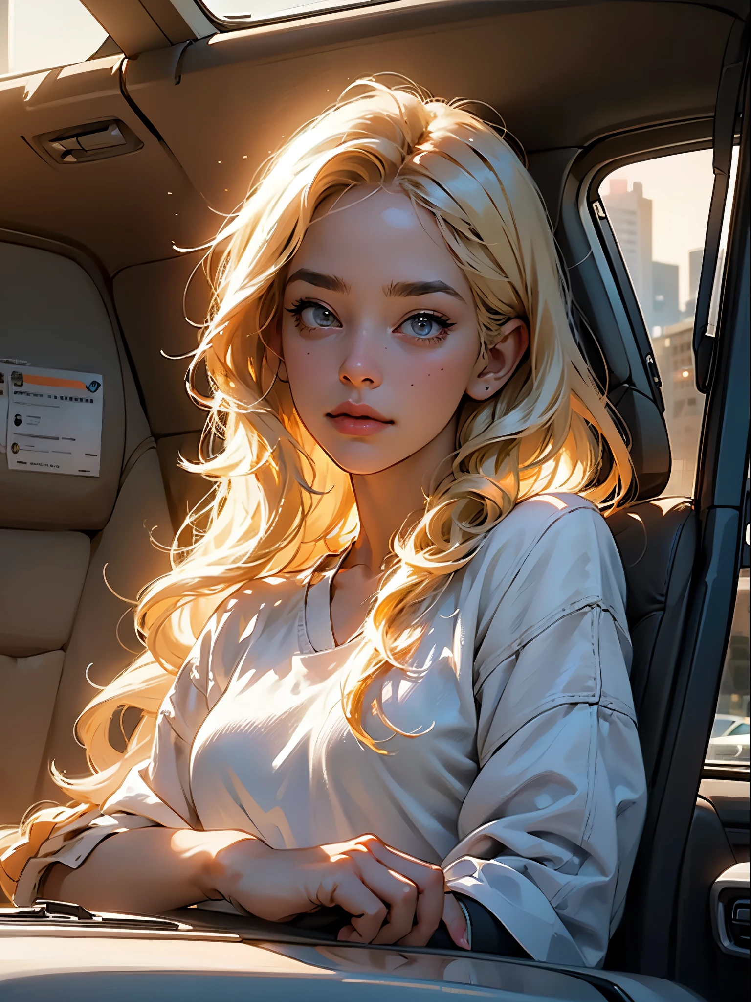 1female, 25 age old, woman looking out the window in a car, She has long blonde hair, New York City, sunsets, cinematic light, beautiful detailed eyes, (Very detailed CG unity 8K wallpaper),