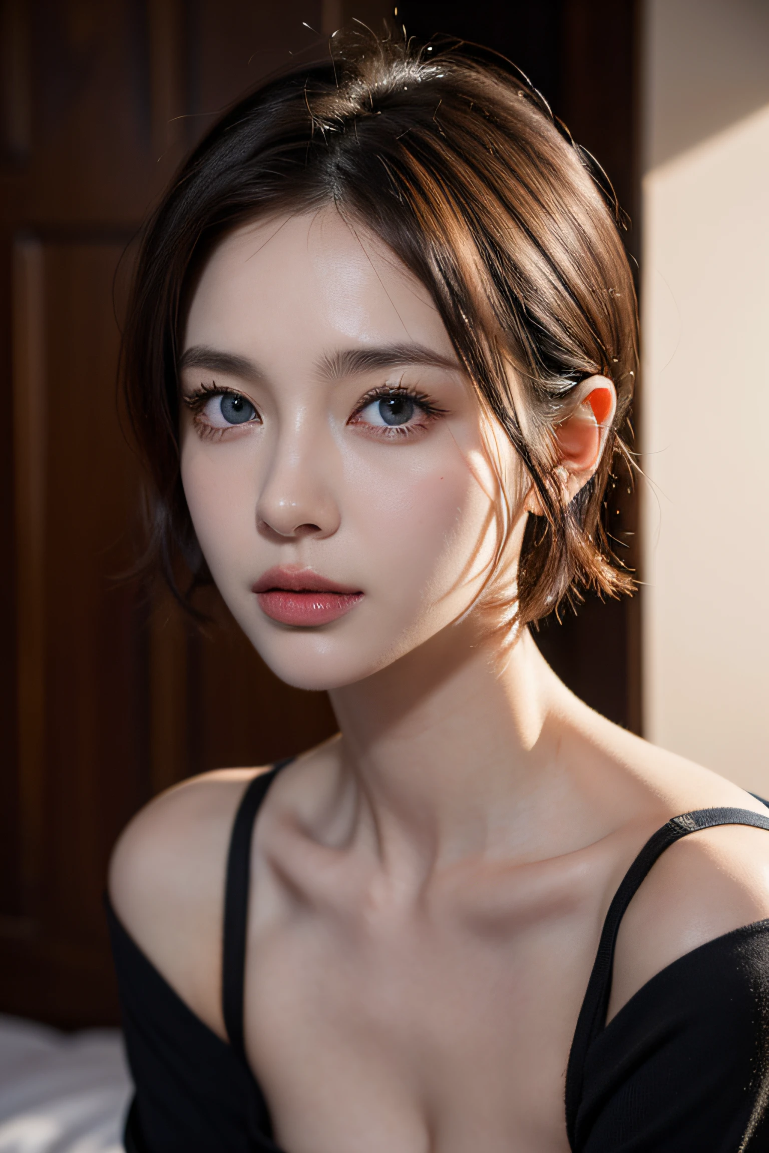 Short hair, Skin Tight Black Top:1.2, Looking at Viewer, Cinematic lighting, Perfect, softlight, High resolution skin:1.2, Realistic skin texture, 30 years old mature woman、Small face、no-makeup、, off shoulders, Exposed cleavage, Blue eyes, Short hair, dark brown  hair、Bust B Cup、