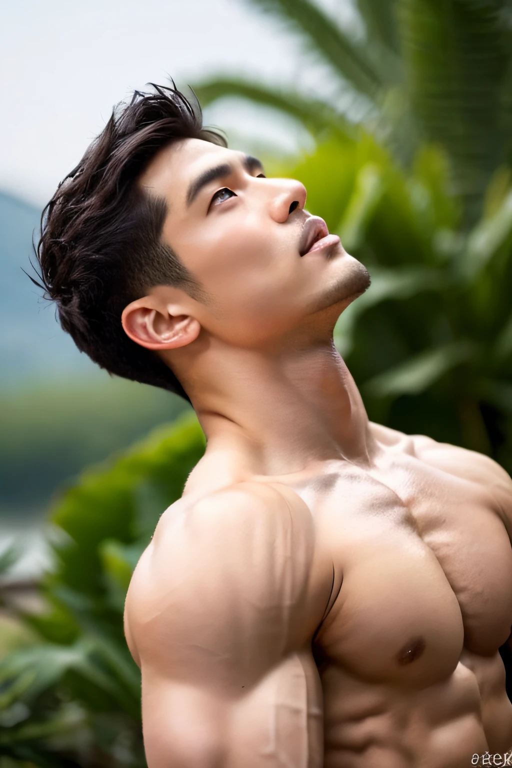 Masterpiece, Best Quality, Solo, Korean Men, bodybuilder, Muscular body, big muscle, Natural eyes, Short and delicate hair, Sexy Man, looking up at viewer, Triangle Men's Swimwear, Standing, Muscular posture