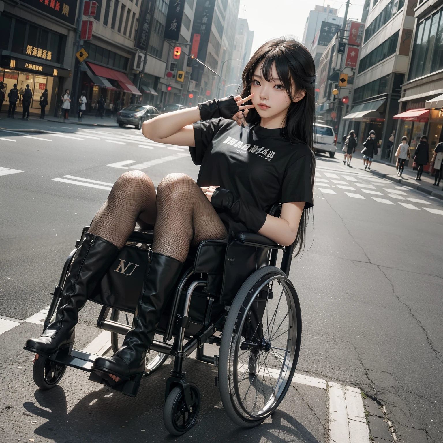 tmasterpiece，nood，8K分辨率，LV short sleeve，Being in a wheelchair、Open Finger Gloves、elbow pad、fishnet tights，knee pad、Long Black Tall Boots，the street，bustling