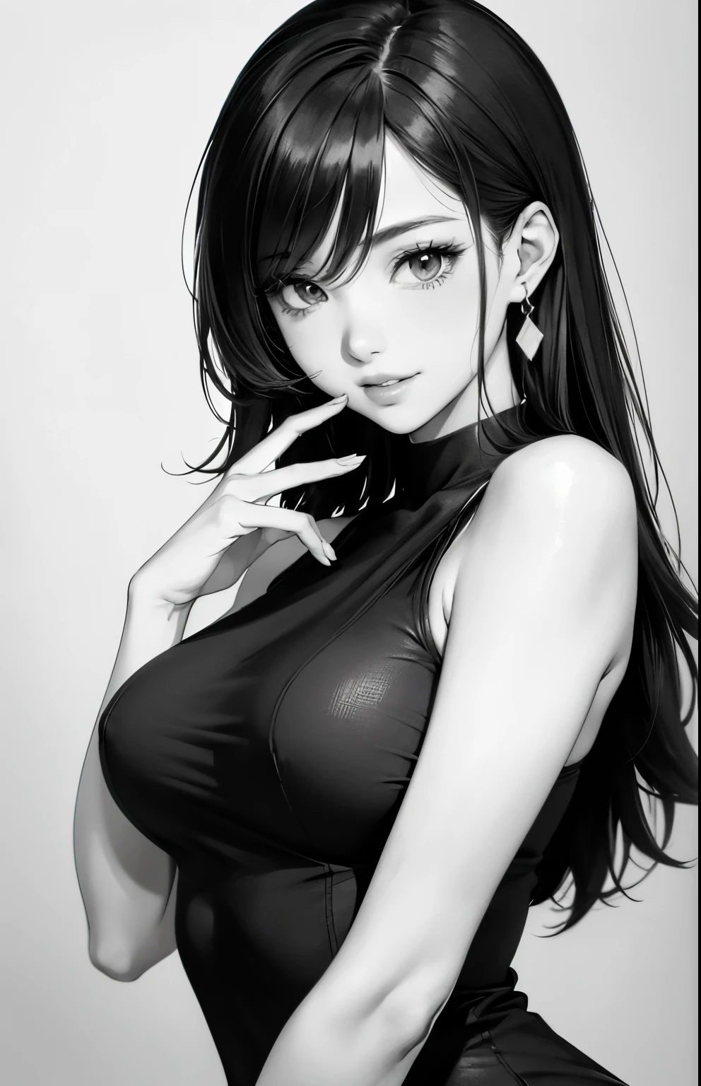 Monochrome grayscale, ​masterpiece、top-quality、hight resolution、High-quality images、8K, 1 woman、skin gloss、Texture of skin and clothing、Detailed eye expression、Lustrous hair、pencil painting、Drawing of a girl with long hair, Manga inspired by Lee Jong-suk, trending on deviantart, Realism, detailed manga style, manga art style, perfect lineart, beautiful line art, ((black and white manga style, in style of manga, Pencil drawing)), comic drawing style, beautiful drawing style, high quality sketch art, High quality sketching, digital manga art girl, kpop idol, t-shirt, detailed brown eyes, plump lips, detailed gorgeous face, (cute smile), view from viewer, medium breasts, flirtatious look, seductive, innocence, ((very detailed)), (perfectly detailed face), (well detailed hand) photorealistic image, japanese hime cut hairstyle, cowboy shot