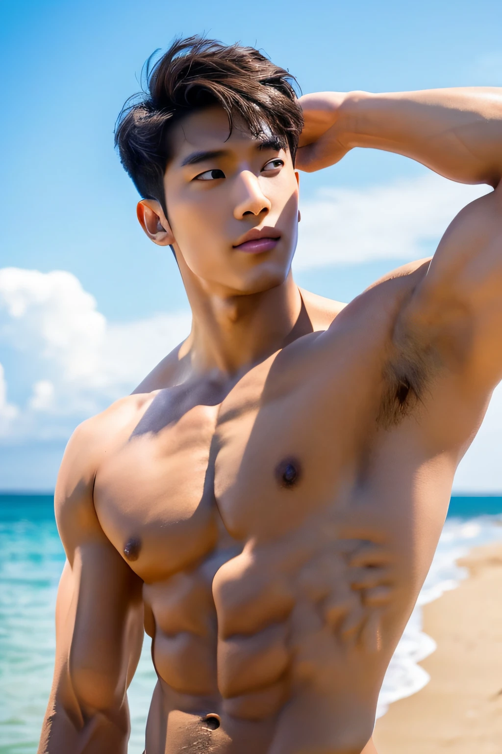 Masterpiece, Best Quality, Solo, Korean Men, Beach background, bodybuilder, Muscular body, big muscle, Natural eyes, Short and delicate hair, Sexy Man, looking up at viewer, Triangle Men's Swimwear, Large protrusions, Erection, Muscular posture
