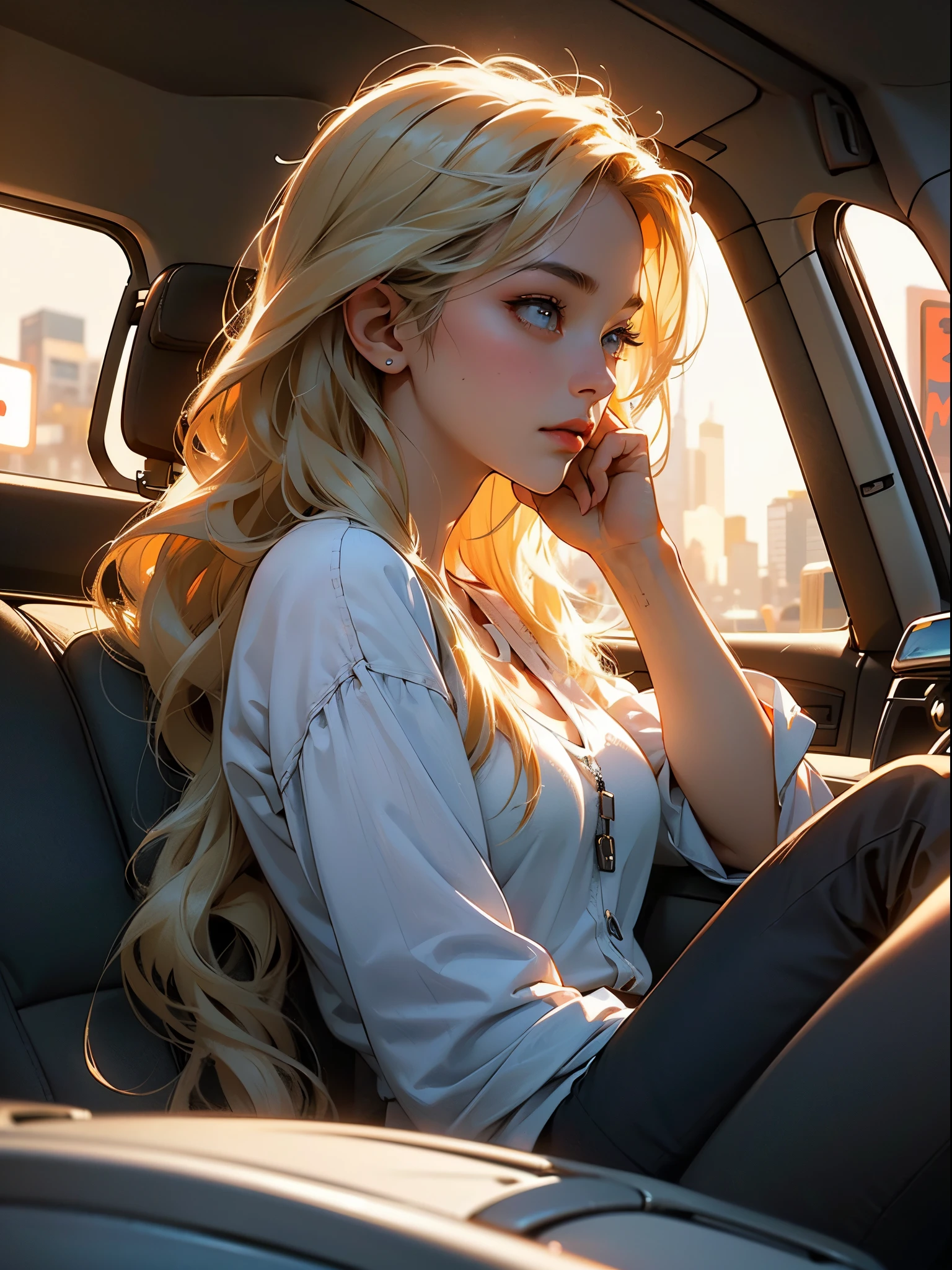 1female, 25 age old, woman looking out the window in a car, ((Side view)), She has long blonde hair, New York City, sunsets, cinematic light, beautiful detailed eyes, (Very detailed CG unity 8K wallpaper),