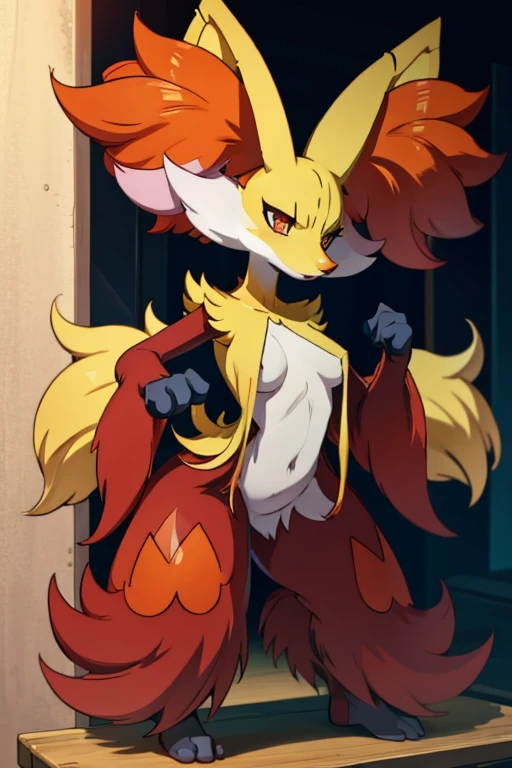Delphox, red eyes, black legs, regal, (artsy aesthetic:1.2), (fine-details:1.3), (depth), 