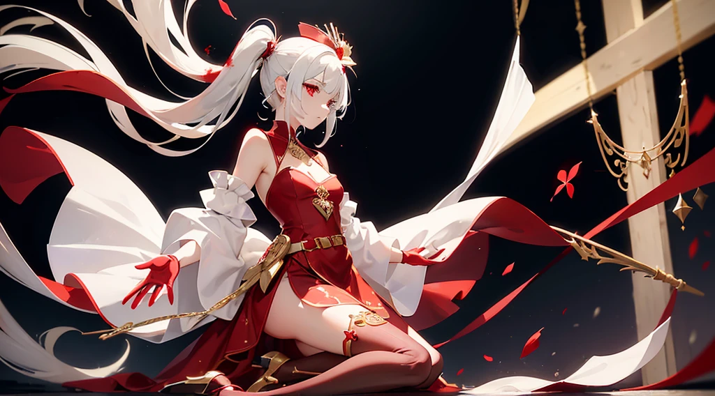 a girl, with a high pony tail and white hair with small red streaks in her hair with the bangs moved to the side, pretty red eyes with long lashes, wearing a flowy mostly white thigh length dress that shows her shoulders with red flowers, small tiny gold jewels on her dress, with as flowy white cape on the side of her dress, with a small fascinator with a gold and red flower, wearing cone heel shoes that are with with a red flower on the left heel, wearing a white see through thigh high on the right leg, blood red thigh belt with red jewels, see through white gloves, has a tattoo of a small star on her right shoulder.