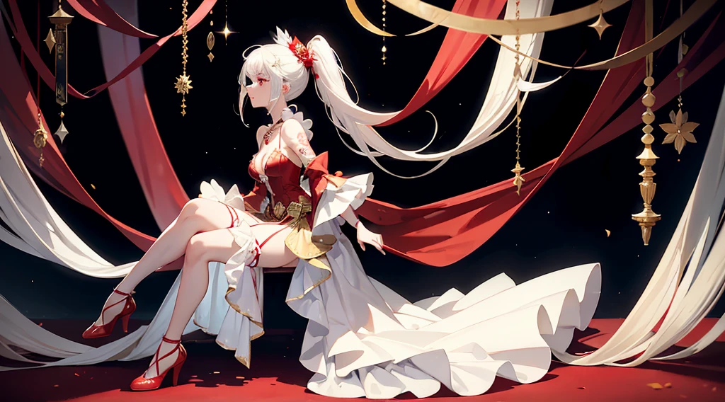 a girl, with a high pony tail and white hair with small red streaks in her hair with the bangs moved to the side, pretty red eyes with long lashes, wearing a flowy mostly white thigh length dress that shows her shoulders with red flowers, small tiny gold jewels on her dress, with as flowy white cape on the side of her dress, with a small fascinator with a gold and red flower, wearing cone heel shoes that are with with a red flower on the left heel, wearing a white see through thigh high on the right leg, blood red thigh belt with red jewels, see through white gloves, has a tattoo of a small star on her right shoulder.