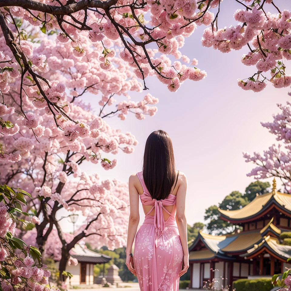 Araffe woman in a pink dress standing under a tree with pink flowers, beautiful and beautiful, Pink Zen Style, Beautiful wallpapers, the most beautiful scene, Ethereal beauty, A distant, dreamy atmosphere, Dreamy scenes, Eastern Fantasy, Very beautiful and ethereal, Get lost in a dream fairy landscape, Beautiful aesthetics, Sakura season, The temple behind her., Cherry trees in the background