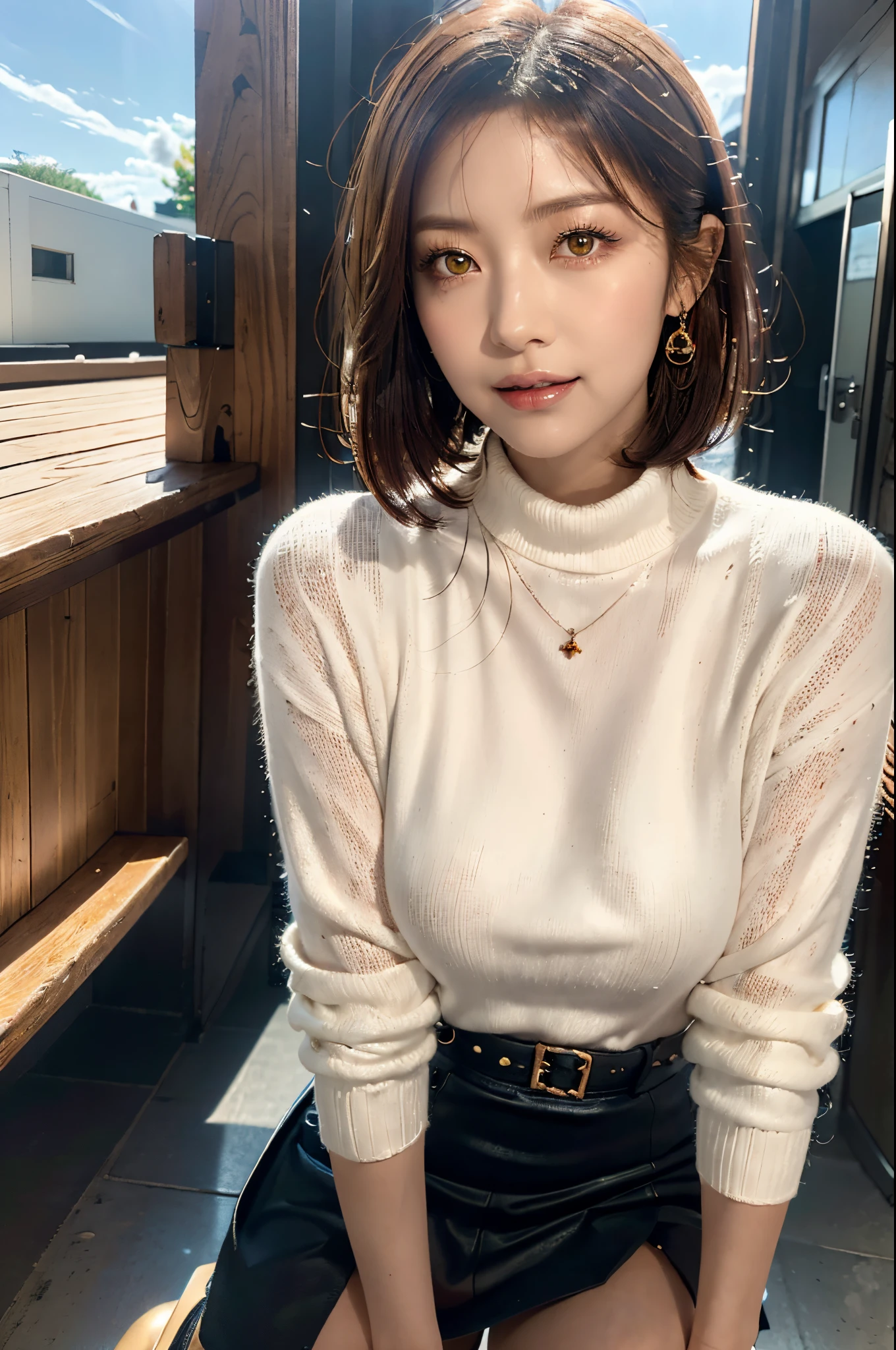 ((top-quality, in 8K, masterpiece)), Arafed woman in the city center, Beautiful Japan girl, cute girl with red hair, ((Beautiful blue sky with shining sun)), ((white turtleneck sweater)), beautiful woman with short hair, ((Black miniskirt)), Beautiful Japanese woman with big breasts, A beautiful woman wearing a necklace, ((Long boots in black color, Constricted hips, stretched thin legs)), ((is standing)), Bewitching girl with short red hair, Attractive smiling girl, photorealistic girl render, Real life girls, Realistic young girl, attractive girl, ((beautiful expression, Detailed amber eyes, Detailed skin, Lustrous skin, detailed lips, Lustrous lips):1.5), High Quality DSLR Photography, Professional Photography, photo portrait 8k,realistic 3 d style, Beautiful realistic portraits, 3d realistic, hyper realstic, With red hair, photo of woman with short hair,
