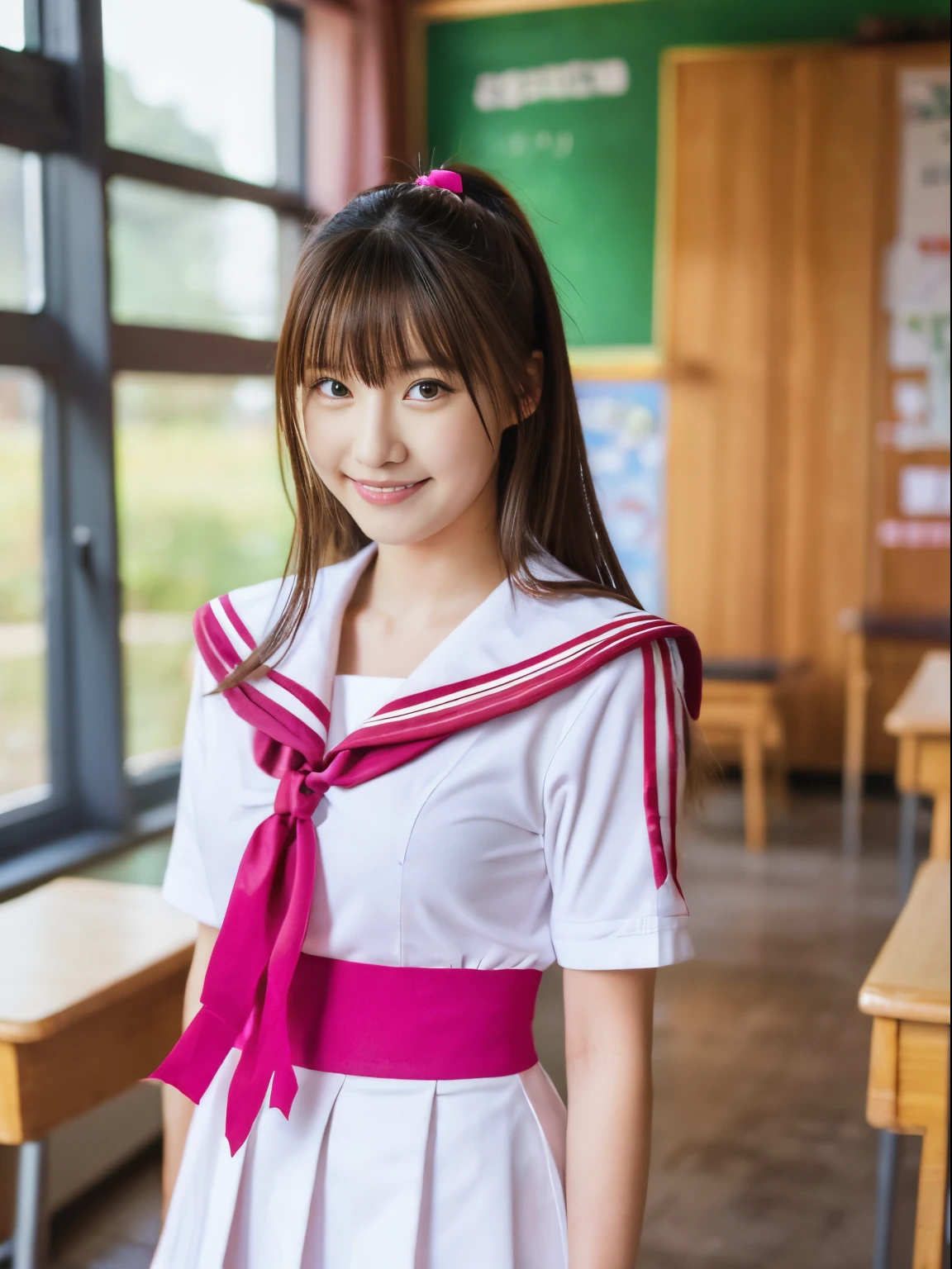 masutepiece, Best Quality, 1girl in, Full-body high-definition images，(High quality facial features)In full-body images，Looking at Viewer, One piece,, White sailor suit， School uniform, Pink ribbon，School, in the school classroom，Solo,  Cute smile of idol face，