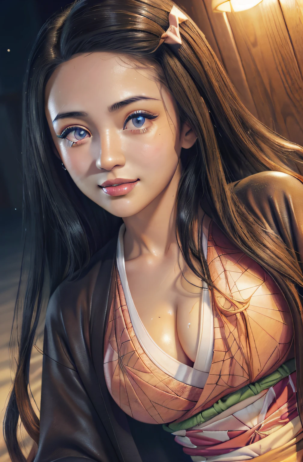 (Ultra Real), (Illustration), (High Resolution), (8K), (Very Detailed), (Best Illustration), (Beautiful Detailed Eyes), (Best Quality), (Ultra Detailed), (Masterpiece), (Wallpaper), (Detailed Face), Night Up Upper Body, Ice Cream,Long Hair,Solo,Simple Kimono Top Girl, Sweaty, Japan Person, Big Tits, (Camel Toe) Nezuko Kamado, Flirty Smile,