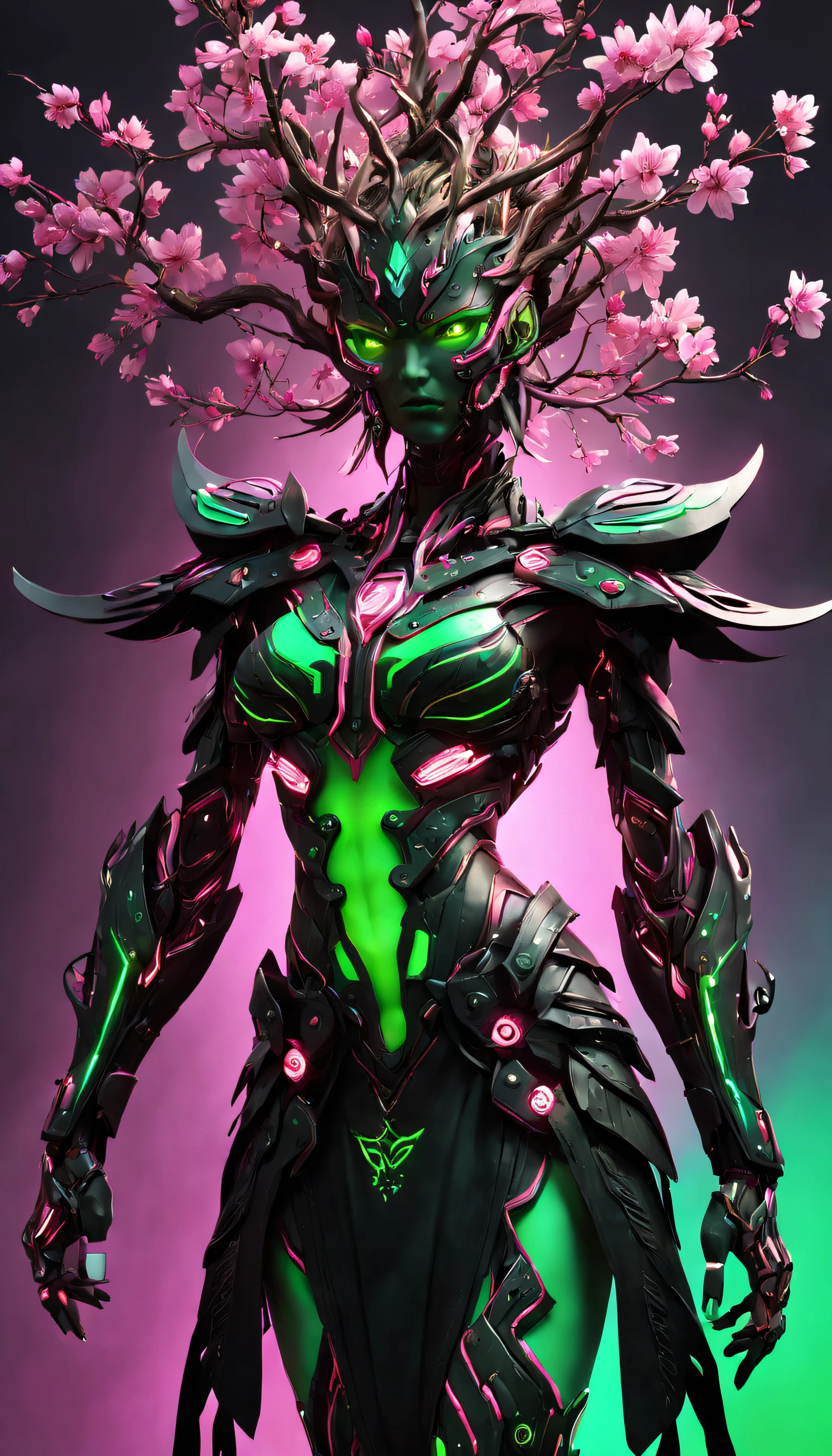 A woman in a green and pink outfit standing in front of a tree Plant Maiden,metal leaf,Wired branch,glowing light eyeechanical bark,bark covered with moss,tribe outfit,majestic figure,(ancient tribal markings),Control the tendrils extending from the arms,Neon lights dance on the body,(Lightning around branches and leaves),(peach blossom),The petals are soft and delicate,vibrant with colors,(A harmonious blend of green and pink),(Ominous dark clouds in the sky),Night atmosphere,A futuristic,Vibrant colors and high-contrast lighting,Dramatic shadows and highlights.(Best quality at best, 4K, 8K, tmasterpiece: 1.2), (actual, photograph realistic, photograph realistic: 1.37)