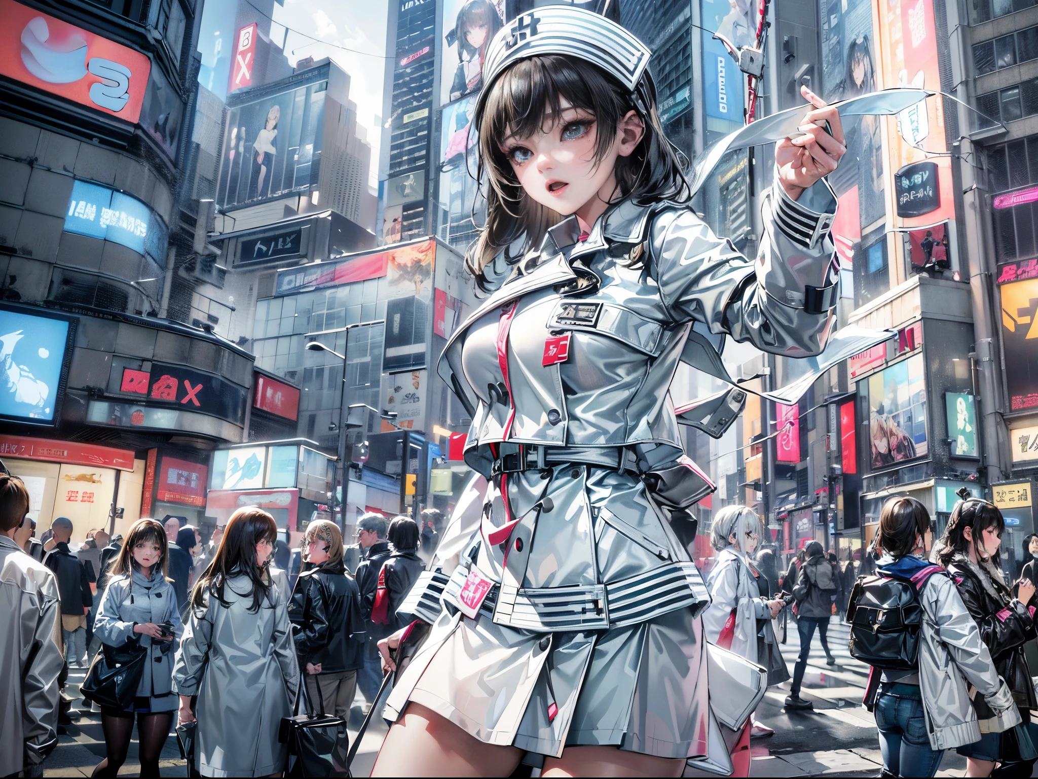 Cinematic lighting,super detailed skin、Beautiful detailed eyes、Best Quality,Perfect Anatomy,(Alternative、dim colors, Soothing tones:1.3),NSFW(Detailed beautiful facial features:1.3)Modern Shibuya crossing in winter、A girl wearing a white nurse uniform and playing the guitar,(knee high、kneehigh boots:1.5) (plays the guitar:1.6)Lively、Acrobatic、emotional、(Sing with a microphone、Enthusiasm、sing happily:1.5)knee high、Leather jacket over nurse uniform(morning sun lighting:1.4)The center of the empty Shibuya Scramble Crossing in the early morning、Highly detailed feet.fullllbody