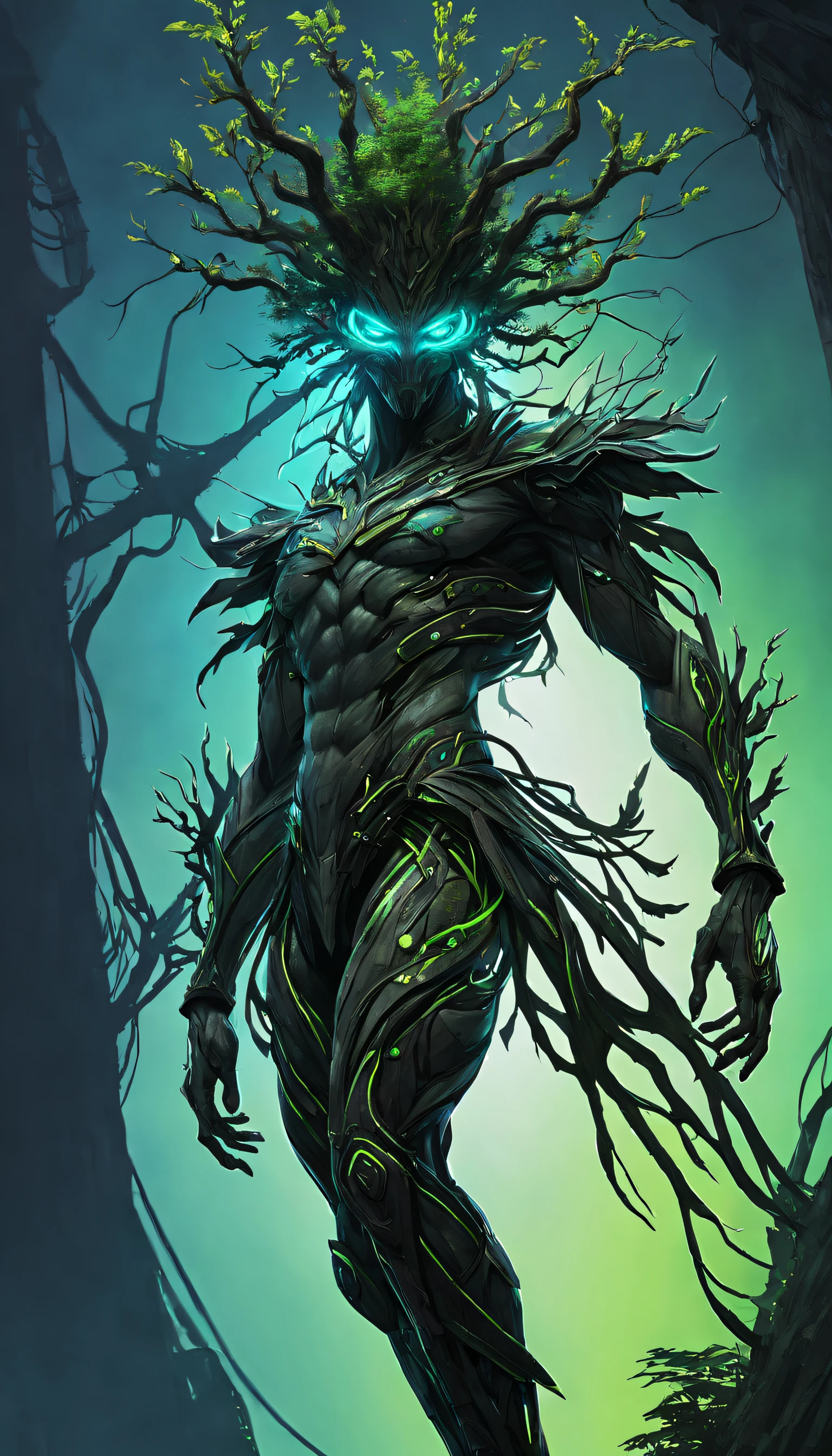 a creature with a body like a human, only it has a kind of sharp bone at the ends of both hands, forming a kind of scythe that extends to the back of its elbows.,and its hair is like a sharp scythe that extends to its rear abdomen,it has many sharp bones that protrude forming thorns all over its body, glowing green, and its body is black, Its eyes are also a glowing green
