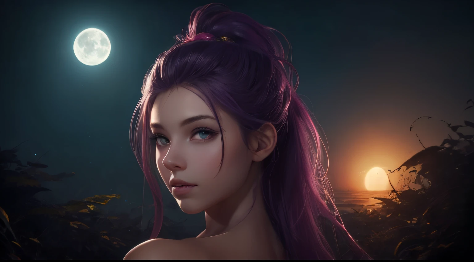 (best quality, realistic, professional), ponytail, lush purple hair flowing in the breeze, glowing under the enchanting night sky. The girl's cleavage is visible, adding a touch of allure to her cute and innocent appearance. The moon casts a soft, silvery light on her face, emphasizing her delicate features. The night sky is adorned with vibrant shades of purple, creating an ethereal atmosphere. The nebula in the distance adds a mysterious and fantastical element to the scene, with its bioluminescent colors illuminating the surroundings. looks at you