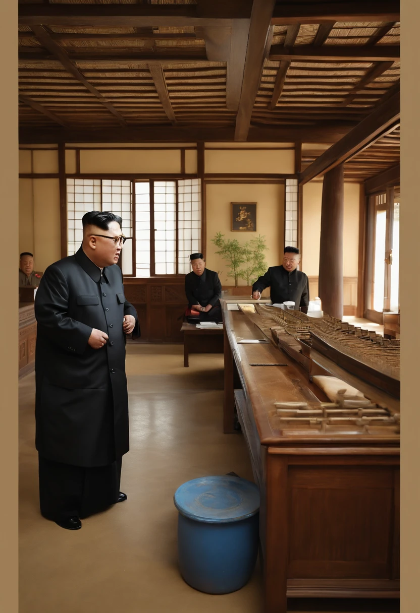 A photo of Kim Jong-un at a traditional Korean calligraphy studio,original,Kim Jong-un, the North Korean leader, is known for his distinctive appearance: a round face, a distinctive haircut with shaved sides and longer hair on top, and a stocky build. He is often seen in public wearing suits or military-style attire, which adds to his authoritative image.