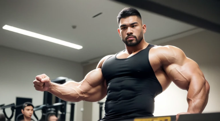 (Very detailed 8k wallpaper), Strong Asian Men, At the gym, high detailing, buzzcut, very large and strong body, bulging muscles, well-muscled, very large pectoral muscles. Very sexy abs, legs are muscular, Toned figure, lightens oily skin, muscular, Tank top, T-shirt, longshot, Wide Shot