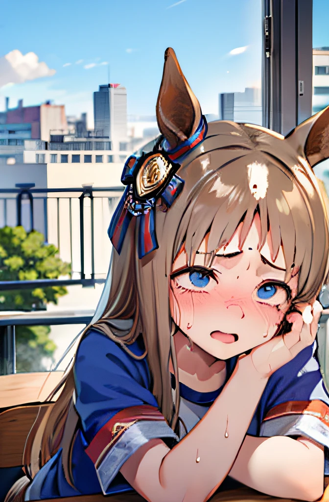 ultra-detailed,nsfw, (1girl,solo), (portrait), (face focus), (open mouth),(sweat),(steam),(aroused:1.4),(drunk eyes:1.2),(embarrassed:1.2), (14years old), (Gym suit), (grass wonder \(umamusume\), (balcony,day taime), (head rest,leaning forward),