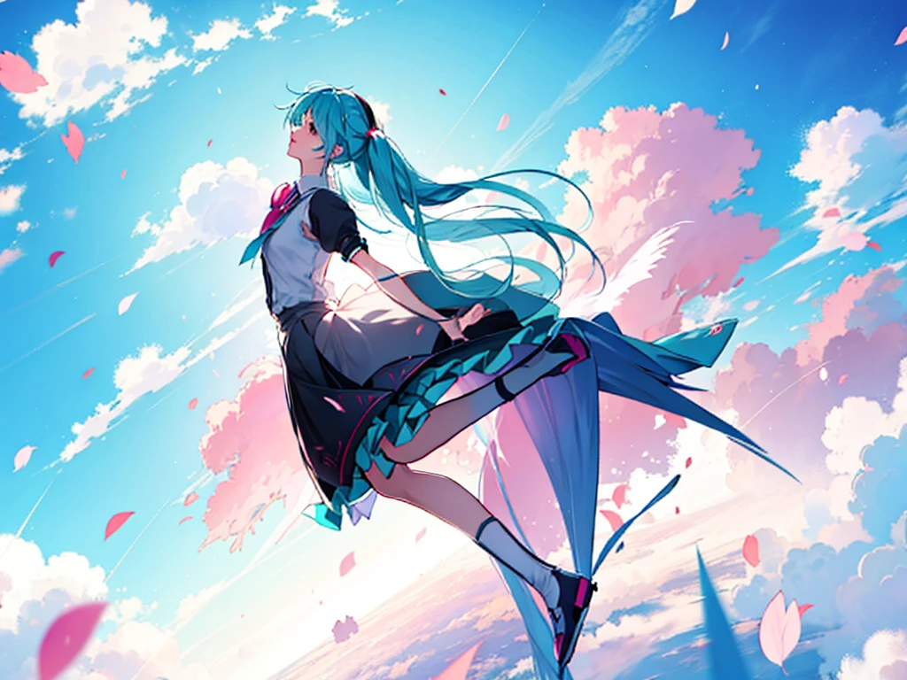 A Hatsune Miku dressed as Lolita,Picture of flying with a bow, running pose, the anime girl is running, jumping posture, dynamic pose perspective, anime pose, Pussy pose gestures, dynamic perspective pose, Dynamic Action Pose, full bodyesbian!! Dynamic Action Pose, Anime keyframes, Dynamic poses and perspectives, dynamic extreme shortening, key frame diagram, pixiv pixiv, Digital art on Pixiv, Pixiv style, zerochan art, sakura petals around her,Blue sky in background, pixiv contest winner, at pixiv, Guviz, anime moe art style