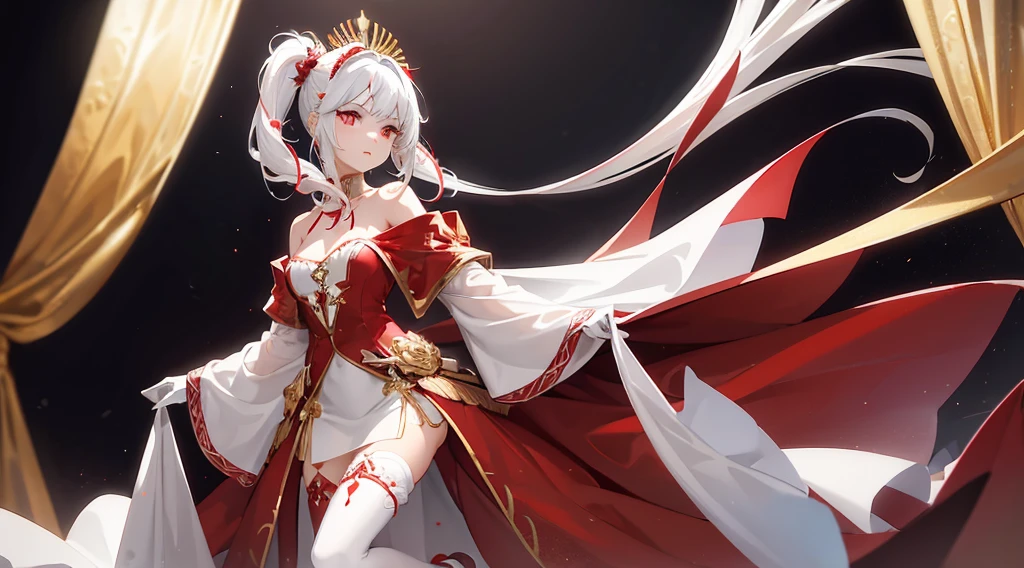 a girl, with a high pony tail and white hair with small red streaks in her hair with the bangs moved to the side, pretty red eyes with long lashes, wearing a flowy mostly white thigh length dress that shows her shoulders with red flowers, small tiny gold jewels on her dress, with as flowy white cape on the side of her dress, with a small fascinator with a gold and red flower, wearing cone heel shoes that are with with a red flower on the left heel, wearing a white see through thigh high on the right leg, blood red thigh belt with red jewels, see through white gloves, has a tattoo of a small star on her right shoulder.