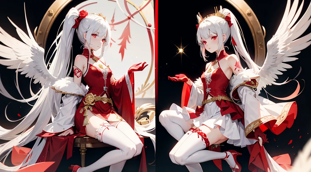 a girl, with a high pony tail and white hair with small red streaks in her hair with the bangs moved to the side, pretty red eyes with long lashes, wearing a flowy mostly white thigh length dress that shows her shoulders with red flowers, small tiny gold jewels on her dress, with as flowy white cape on the side of her dress, with a small fascinator with a gold and red flower, wearing cone heel shoes that are with with a red flower on the left heel, wearing a white see through thigh high on the right leg, blood red thigh belt with red jewels, see through white gloves, has a tattoo of a small star on her right shoulder.