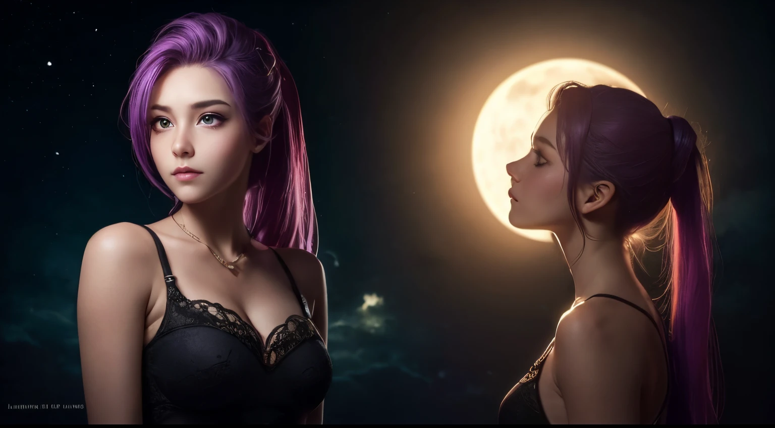 (best quality, realistic, professional), ponytail, lush purple hair flowing in the breeze, glowing under the enchanting night sky. The girl's cleavage is visible, adding a touch of allure to her cute and innocent appearance. The moon casts a soft, silvery light on her face, emphasizing her delicate features. The night sky is adorned with vibrant shades of purple, creating an ethereal atmosphere. The nebula in the distance adds a mysterious and fantastical element to the scene, with its bioluminescent colors illuminating the surroundings. looks at you