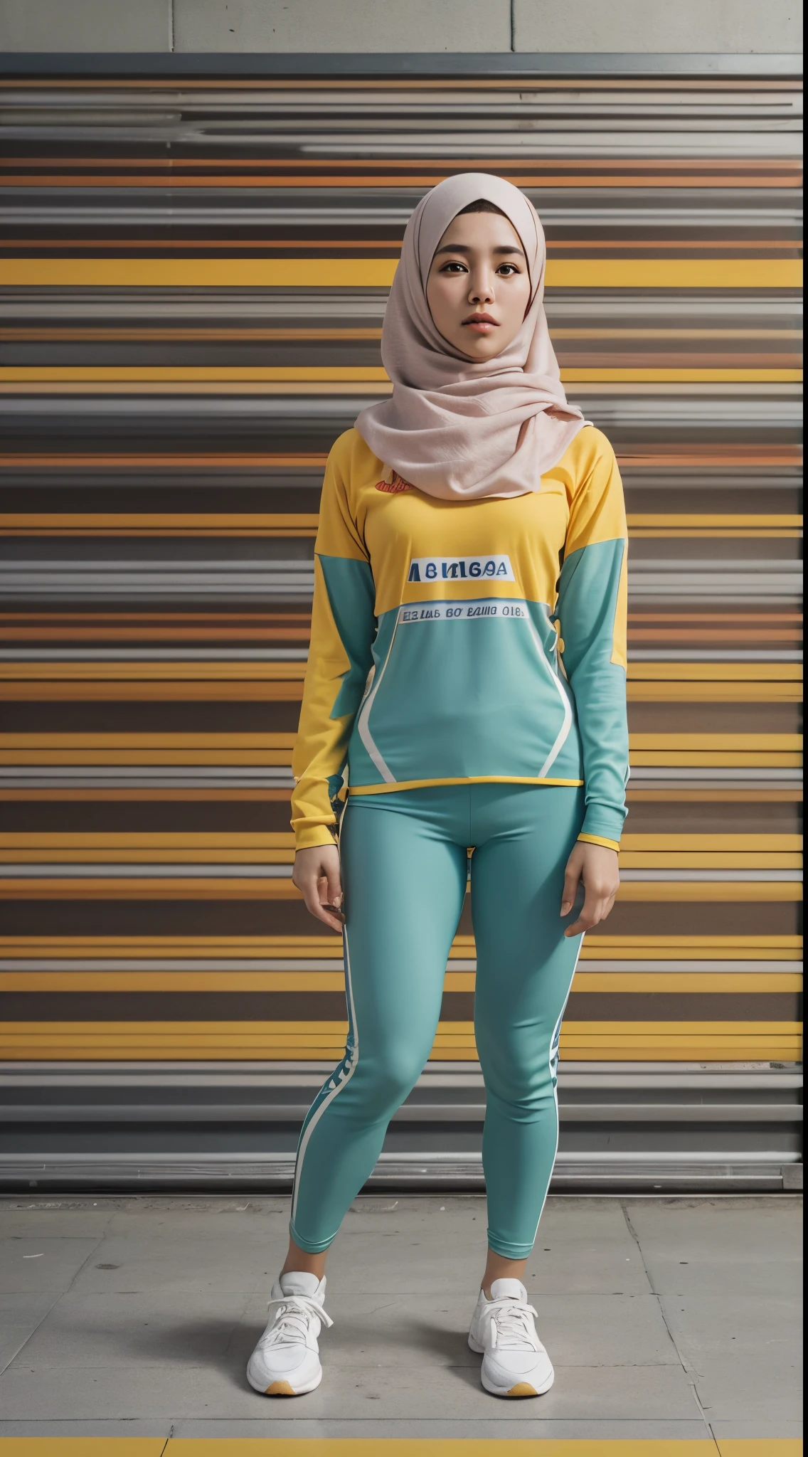 Create a dynamic advertising poster for women's gym pants. Showcase a Malay girl in hijab confidently engaged in various sports activities. Capture the energy and versatility of the gym pants in action. in Wes Anderson style, hyper - realistic photography, Wes Anderson style, full body, 8k, close - up shot, extreme close - up photo