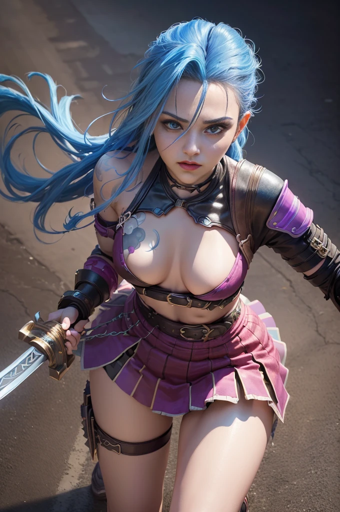 (((premier quality: 1.4))),(Unparalleled masterpiece), (ultra high def),(ultra-realistic 8k CG), wallpaper, 8k, ultra-realistic,Holding swords, Arcanes Jinx