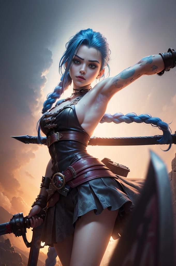 (((premier quality: 1.4))),(Unparalleled masterpiece), (ultra high def),(ultra-realistic 8k CG), wallpaper, 8k, ultra-realistic,Holding swords, Arcanes Jinx
