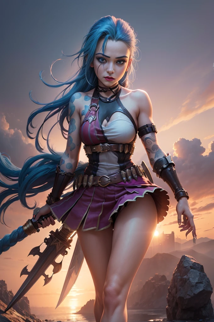 (((premier quality: 1.4))),(Unparalleled masterpiece), (ultra high def),(ultra-realistic 8k CG), wallpaper, 8k, ultra-realistic,Holding swords, Arcanes Jinx