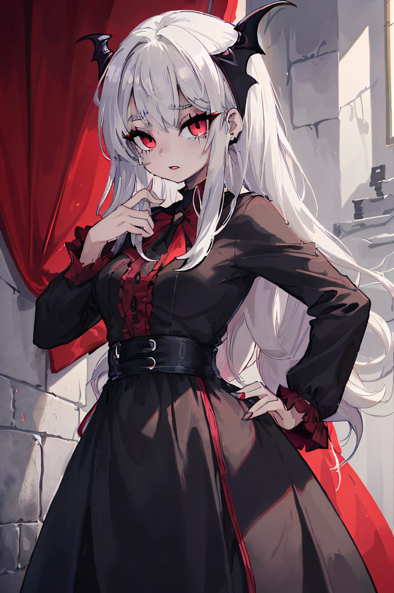 1 chica , pelo plateado , ojos rojos , vestido negro , tipo vampiro, adulta