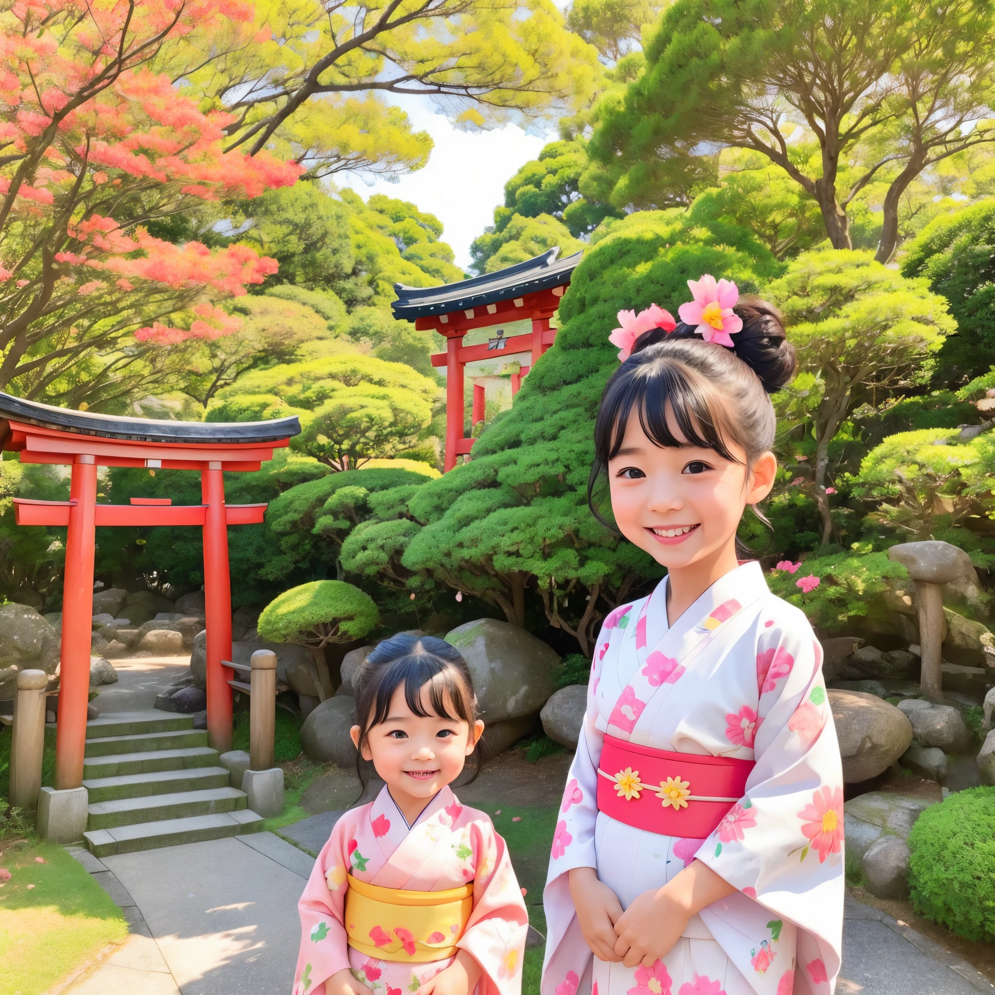 photoRealstic、Japan shrine in the background、3Year old girl、Wearing a kimono to celebrate Shichi-Go-San、Traditional events of Japan、Smile, kawaii pose 、 ultradetailed eyes、Full Paint、Floral hair ornament、butterfly hair ornament、on my right hand, I have a bag of Chitose candy、Strong bokeh、Flowers in the foreground